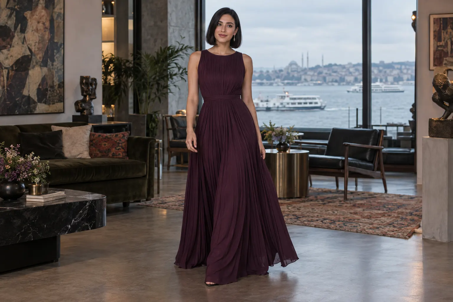 Kadıköy sanat salonu atmosferinde siyah küt saçlı mürdüm rengi uzun elbiseli yetişkin kurgu trans kadın; yapay zekâyla üretilmiş moda görseli.