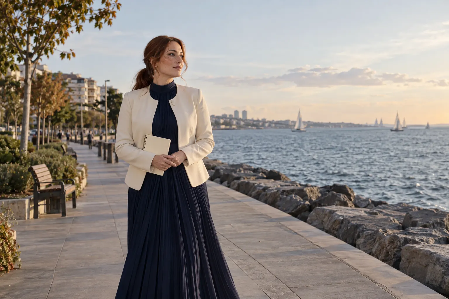 Bakırköy sahil atmosferinde defter taşıyan lacivert elbiseli yetişkin kurgu trans kadın; yapay zekâ görseli.