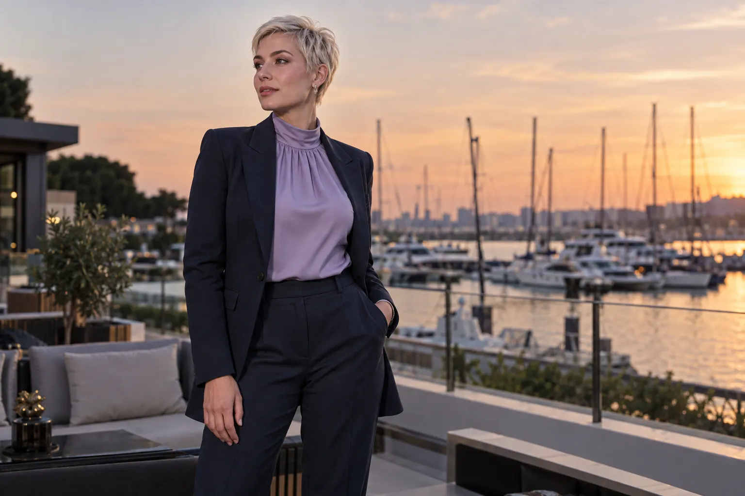 Ataköy marina atmosferinde platin kısa saçlı lacivert takımlı yetişkin kurgu trans kadın; yapay zekâyla üretilmiş moda görseli.