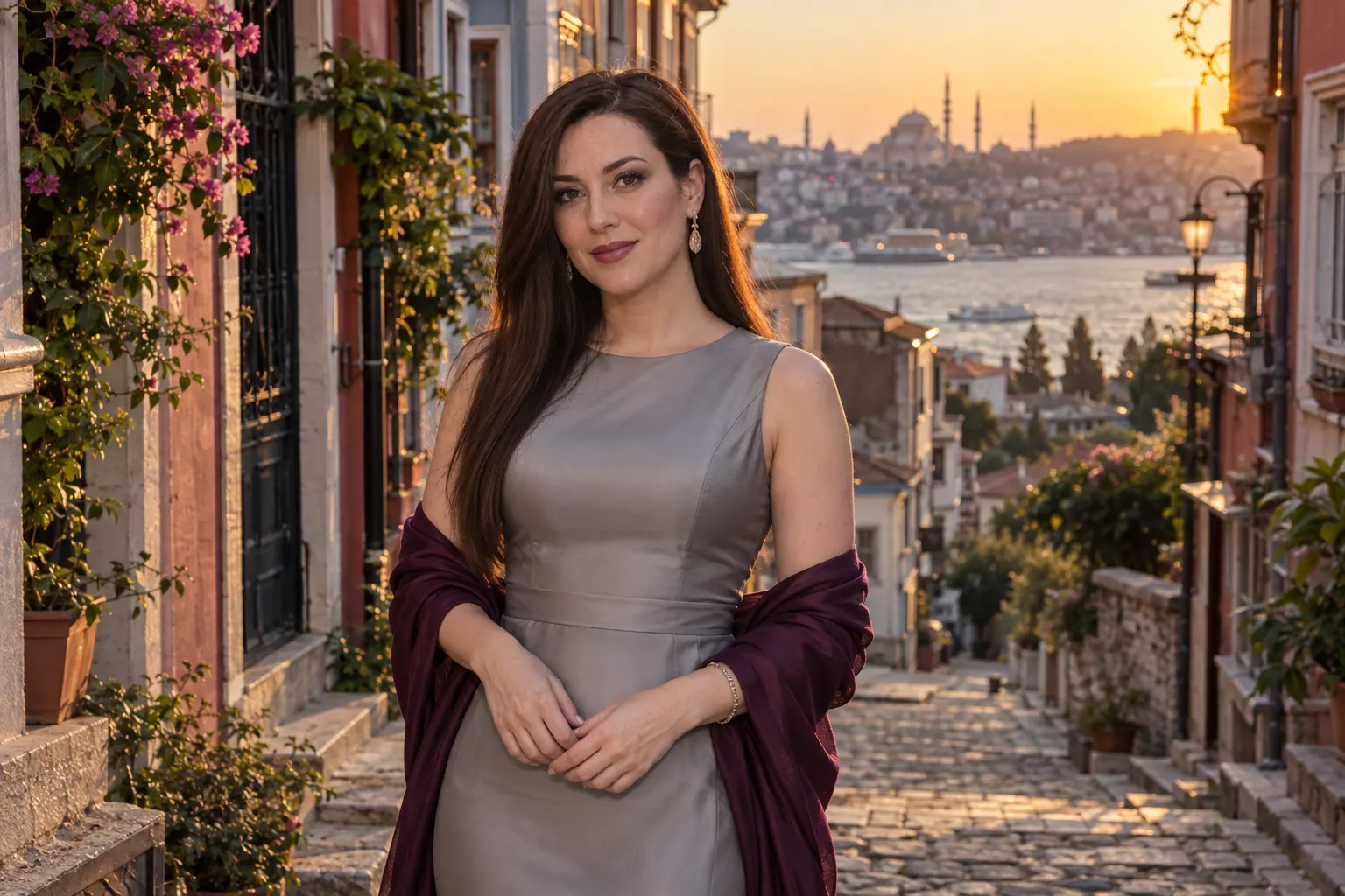 Balat sokak atmosferinde uzun koyu saçlı inci grisi uzun elbiseli yetişkin kurgu trans kadın; yapay zekâyla üretilmiş moda görseli.