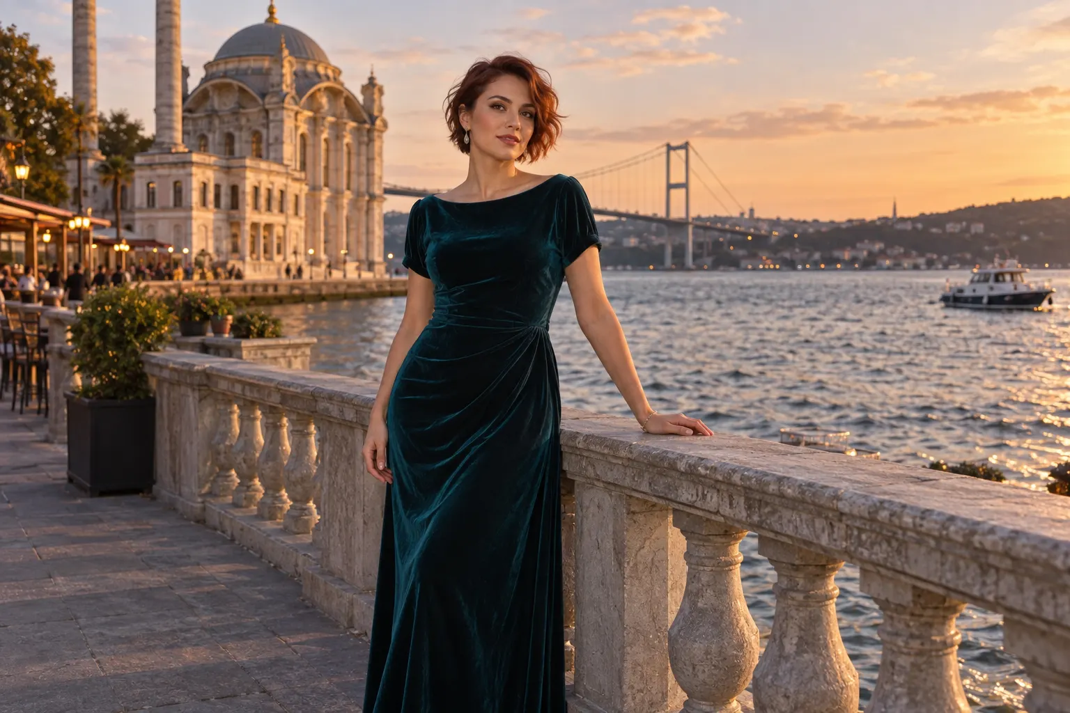 Ortaköy kıyı atmosferinde kızıl kısa saçlı koyu turkuaz kadife elbiseli yetişkin kurgu trans kadın; yapay zekâyla üretilmiş moda görseli.