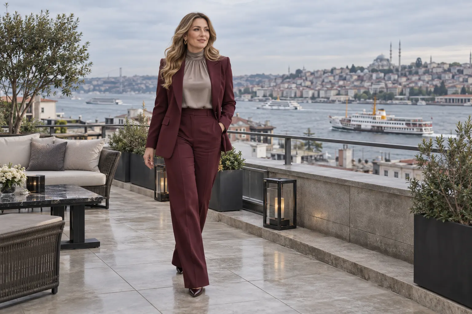 Beşiktaş avlu atmosferinde bal sarısı dalgalı saçlı bordo takımlı yetişkin kurgu trans kadın; yapay zekâyla üretilmiş moda görseli.