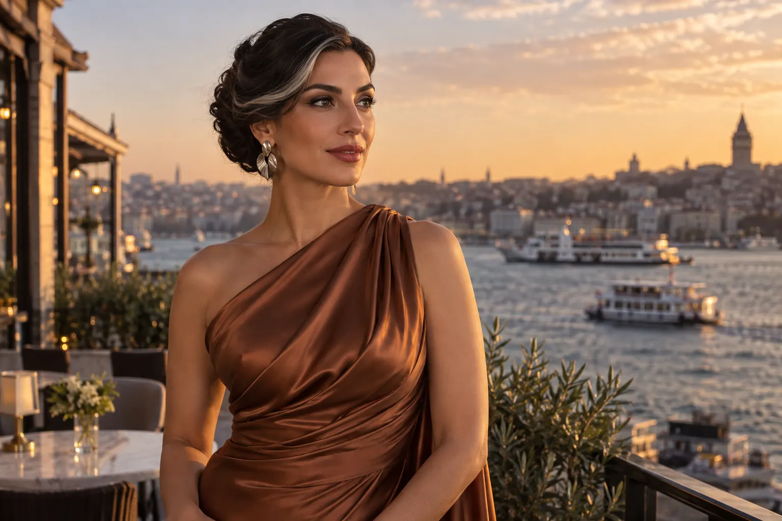 Karaköy kıyı atmosferinde gümüş tutamlı topuzlu bakır renkli abiyeli yetişkin kurgu trans kadın; yapay zekâyla üretilmiş moda görseli.