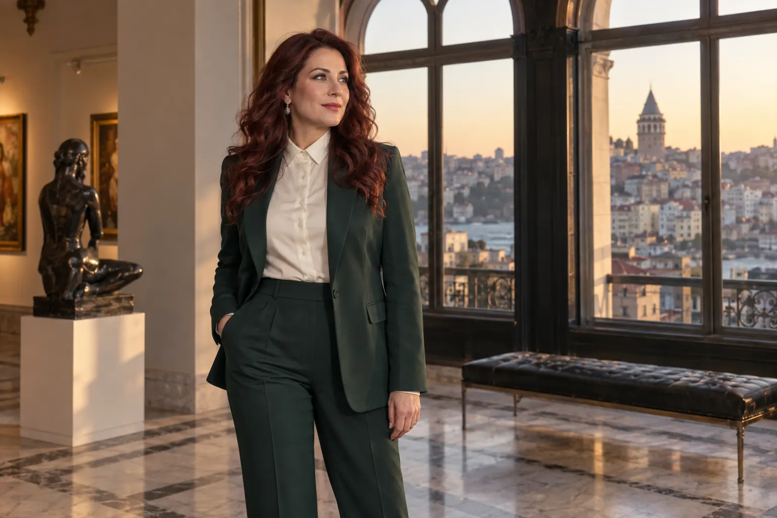 Beyoğlu galeri atmosferinde bordo kahve dalgalı saçlı koyu yeşil pantolon takımlı yetişkin kurgu trans kadın; yapay zekâyla üretilmiş moda görseli.